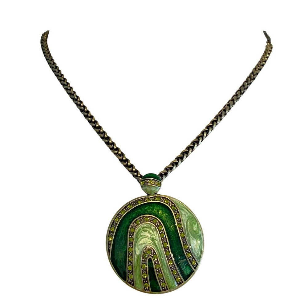 Y2K Green Art Deco Inspired Medallion Necklace With Bronze Chain Statement Jewel